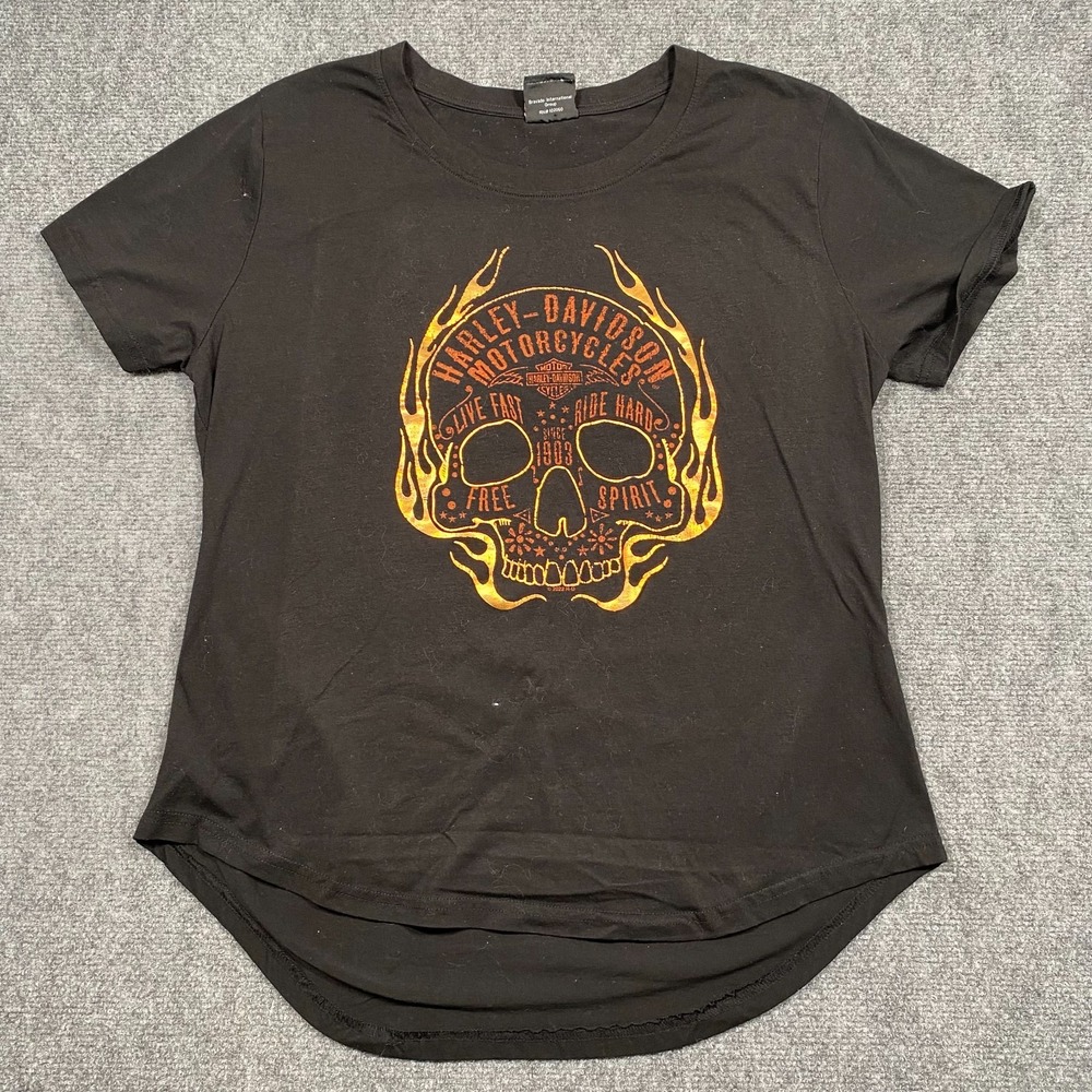 Harley Davidson Women's Large Black Shirt Crewneck Skull Flame Timpanogos Lindon
